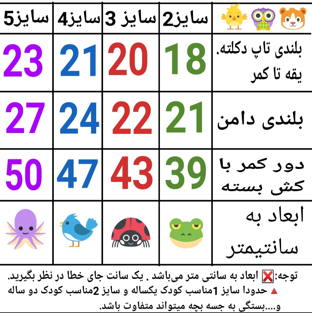 جدول سایزبندی